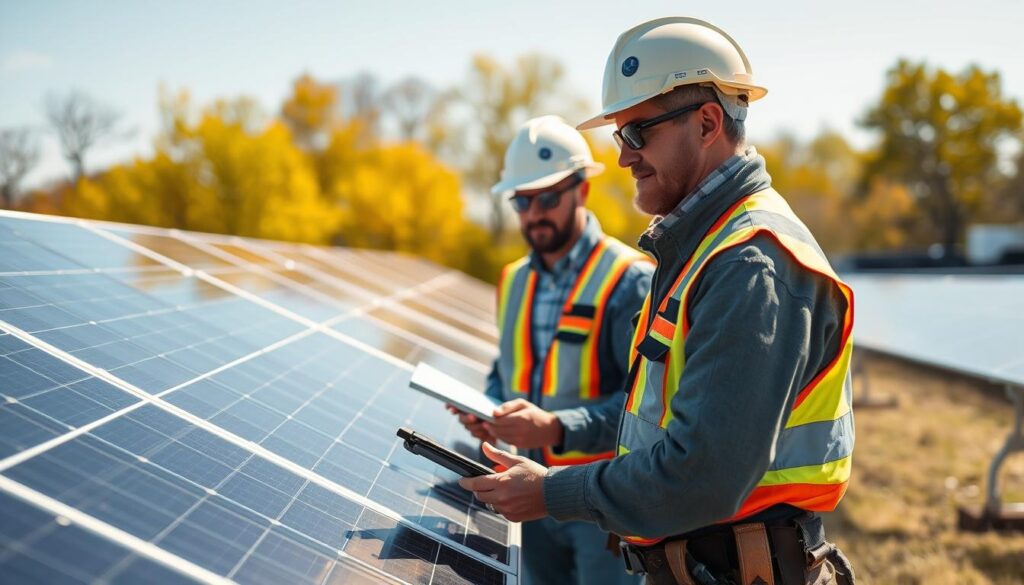 Generate an image of AEC Solar's team inspecting solar panels in Albany, NY.