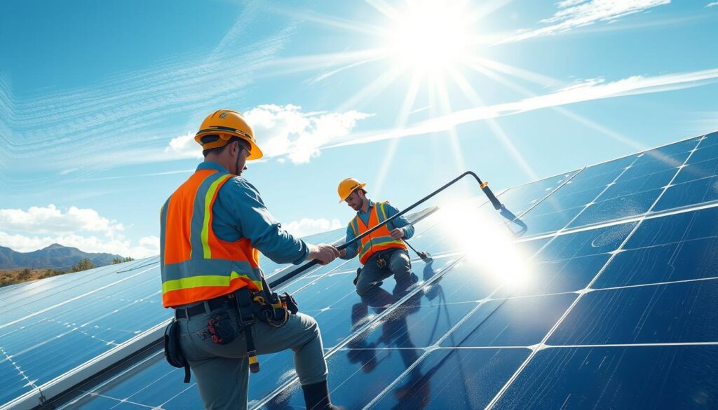 Generate an image of Arizona Painting Company's crew cleaning solar panels.