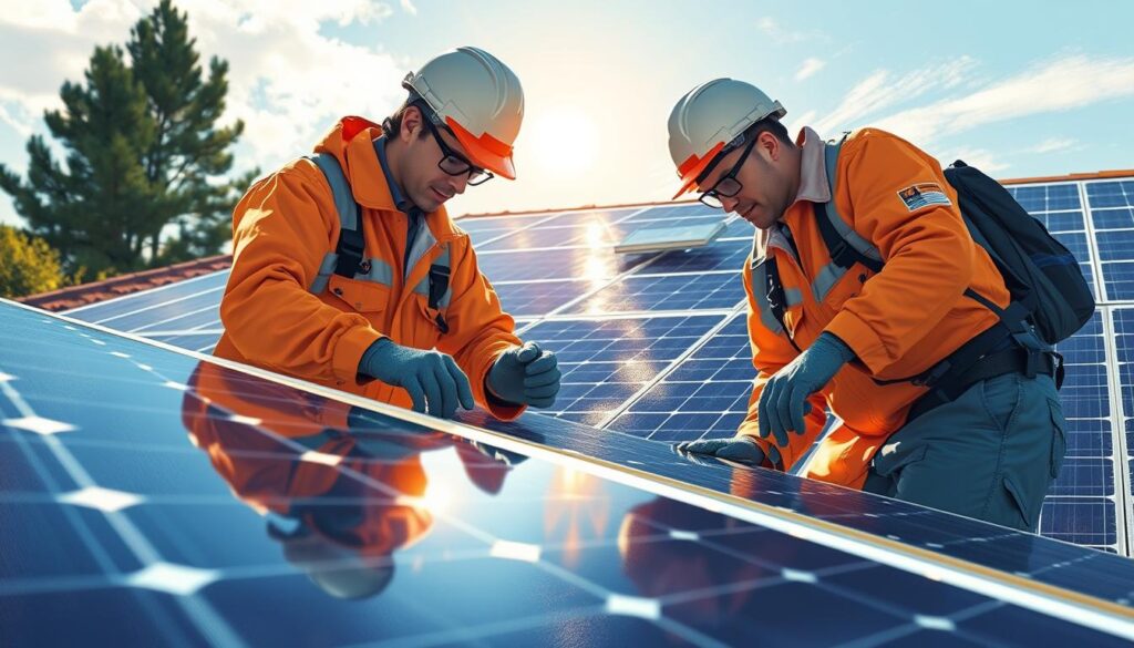 Generate an image of Bay Area Solar Solutions technicians inspecting solar panels.