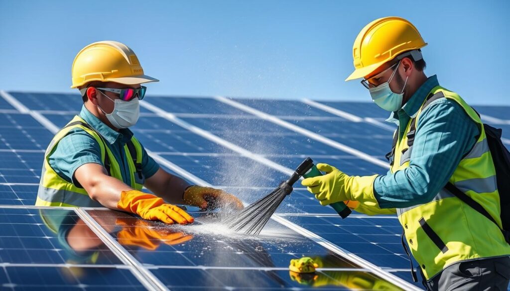 Generate an image of Bright Brothers' team using eco-friendly cleaning methods to safely clean solar panels.