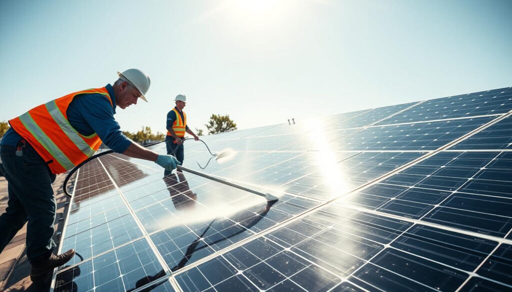 Generate an image of Brightway Energy's personalized solar panel cleaning service in action.
