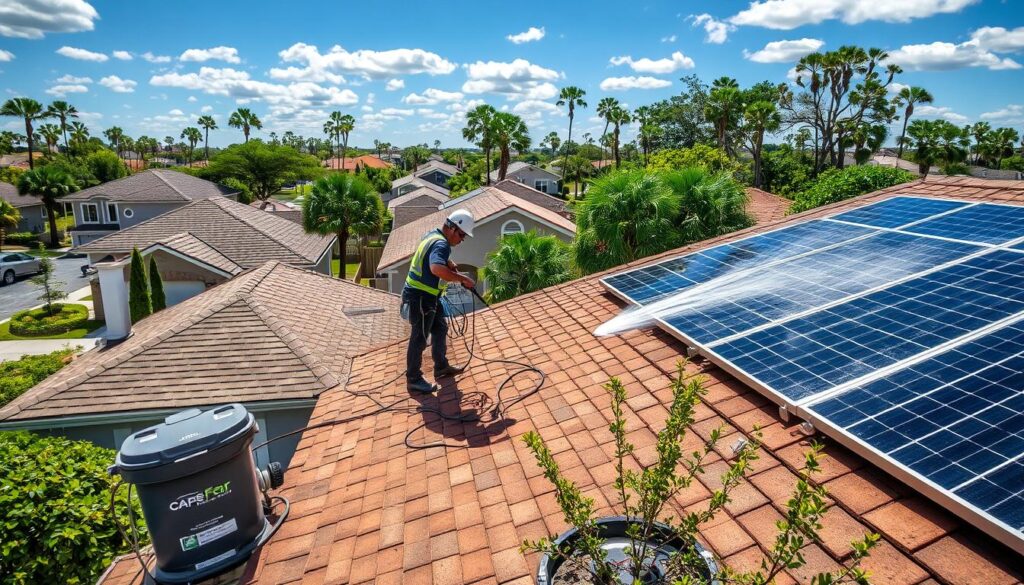 Generate an image of Cape Fear Pro Wash technicians cleaning solar panels in a Wilmington neighborhood.