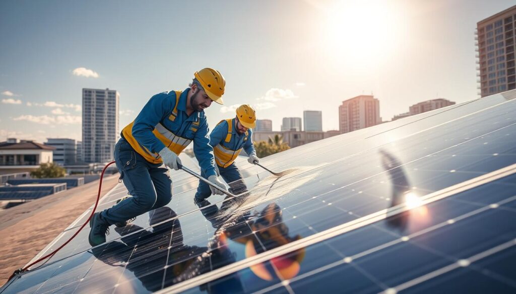 Generate an image of Capital City Solar's team inspecting and cleaning solar panels.