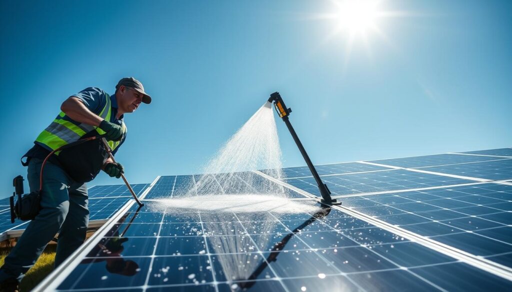 Generate an image of Carolina Clean Energy's certified technicians cleaning solar panels.