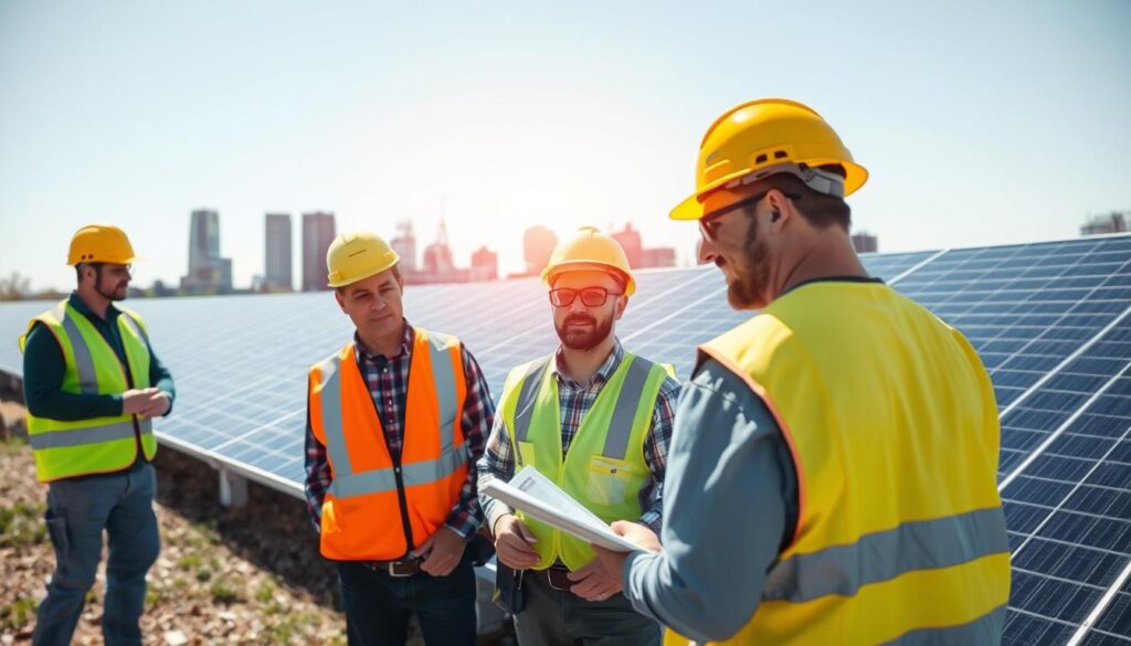 Generate an image of Clean Solar Solutions' team inspecting solar panels in Rochester