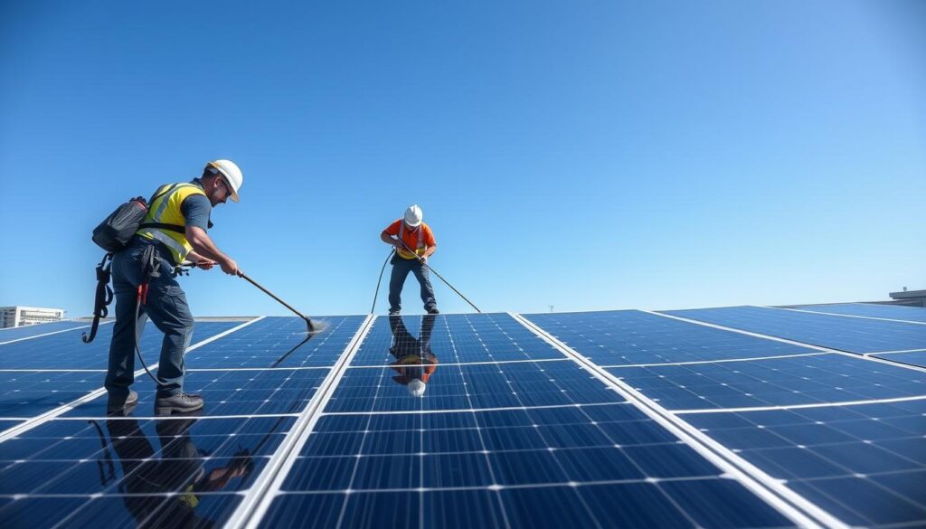 Generate an image of CleanPower Solar Services technicians cleaning solar panels on a commercial building.