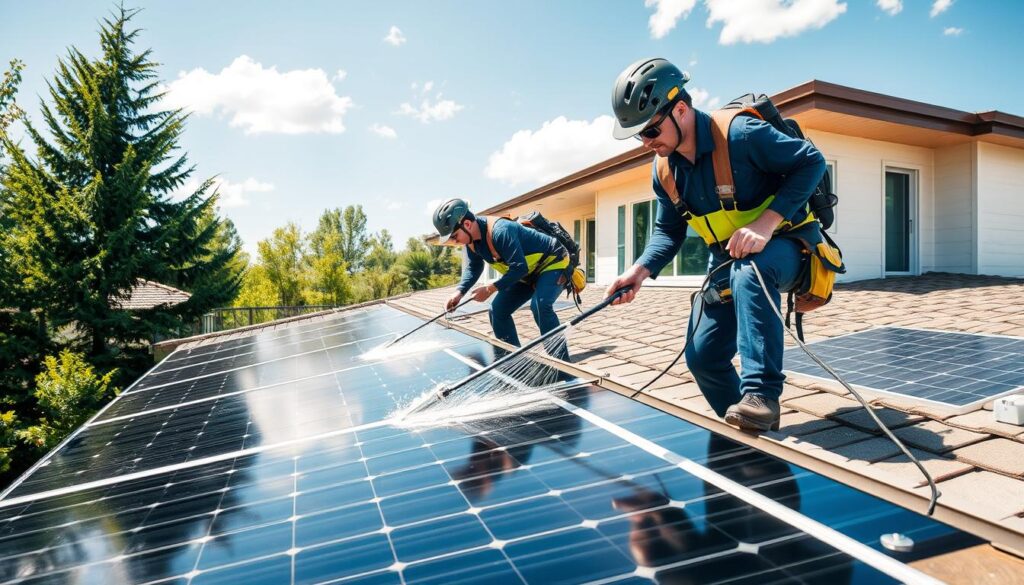 Generate an image of Cleveland Solar Maintenance Pros cleaning solar panels on a residential roof.