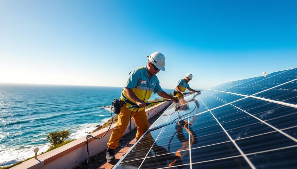 Generate an image of Coastal Panel Pros technicians cleaning solar panels near the coast.