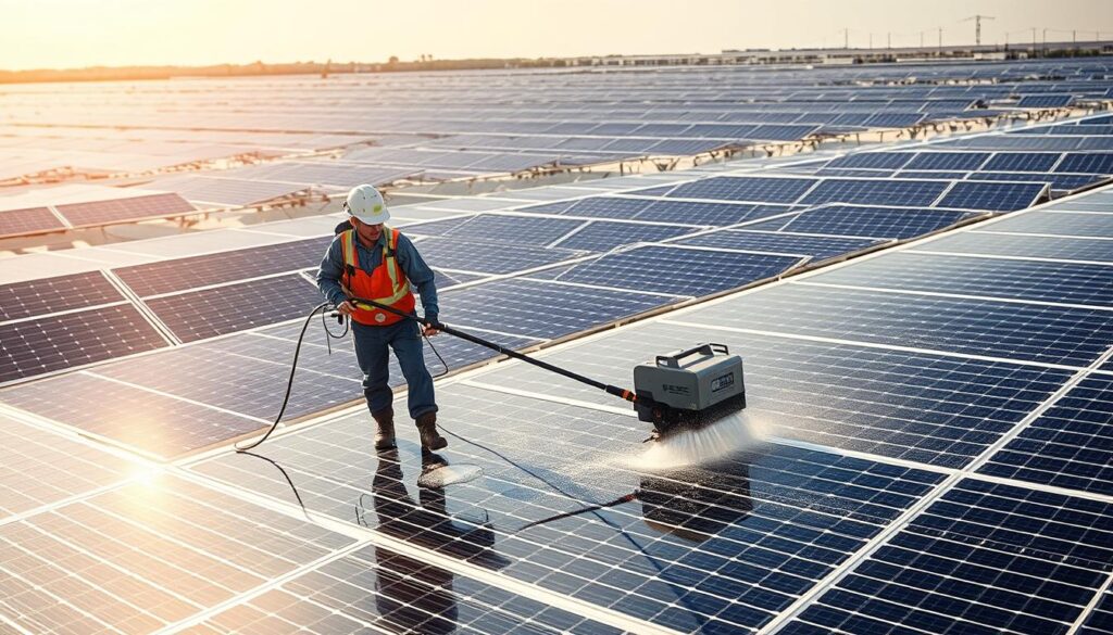 Generate an image of Commercial Solar Panel Cleaning Specialists at work on a large commercial solar installation.