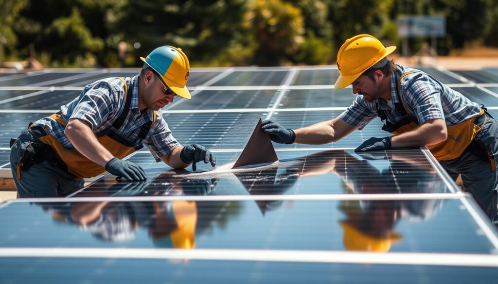 Generate an image of Concord Solar Solutions' team conducting a comprehensive solar panel cleaning and inspection.
