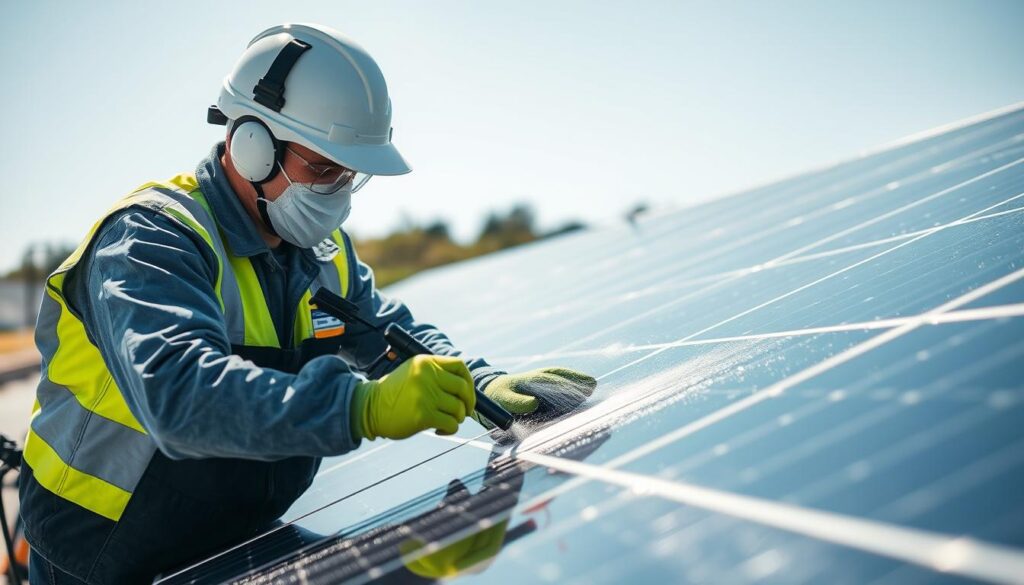 Generate an image of Crystal Clear Solar Services technicians cleaning solar panels with precision.