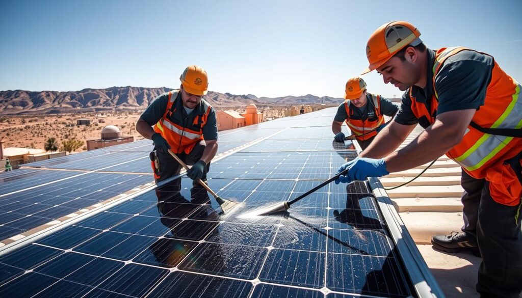 Generate an image of Desert Sun Solar Cleaners technicians cleaning solar panels on a rooftop in Mesquite, NV.