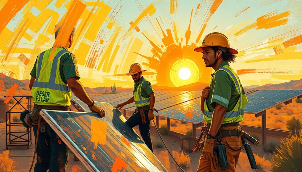 Generate an image of Desert Sun Solar Maintenance's team working in a rural Arizona community.