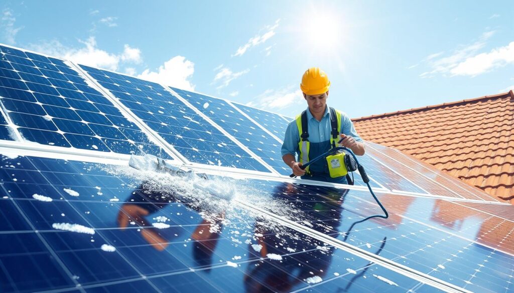 Generate an image of EcoShine Solar Cleaners technicians cleaning solar panels with eco-friendly equipment.