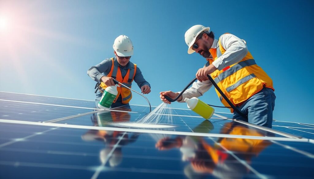 Generate an image of EcoShine Solar Maintenance technicians using eco-friendly cleaning solutions on solar panels.