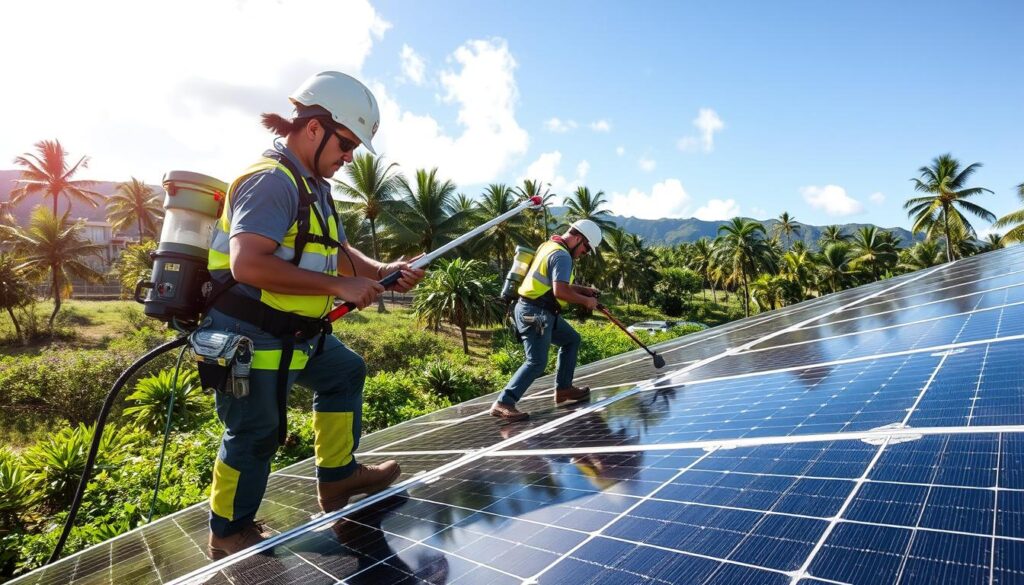 Generate an image of Hawaii Solar Panel Cleaning technicians at work on a solar panel installation on the Big Island.