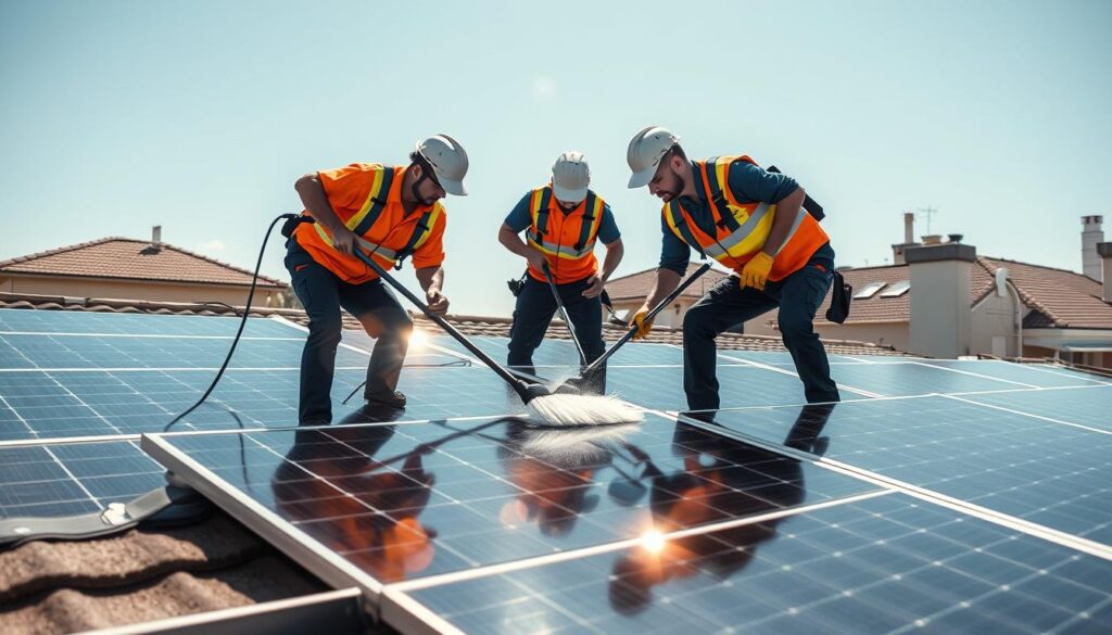 Generate an image of HiCleaners' team cleaning solar panels on a residential roof.