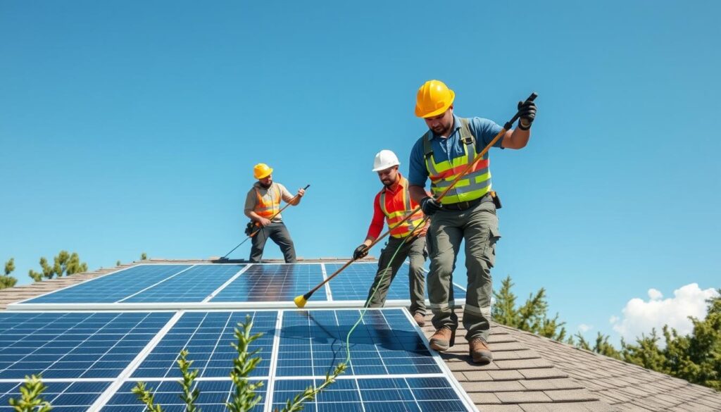 Generate an image of High Peaks Solar's crew cleaning solar panels on a residential roof.