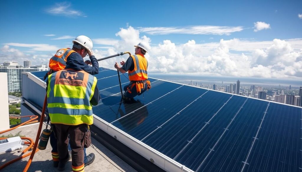 Generate an image of Honolulu Solar Cleaning Experts at work on a high-rise solar panel installation.