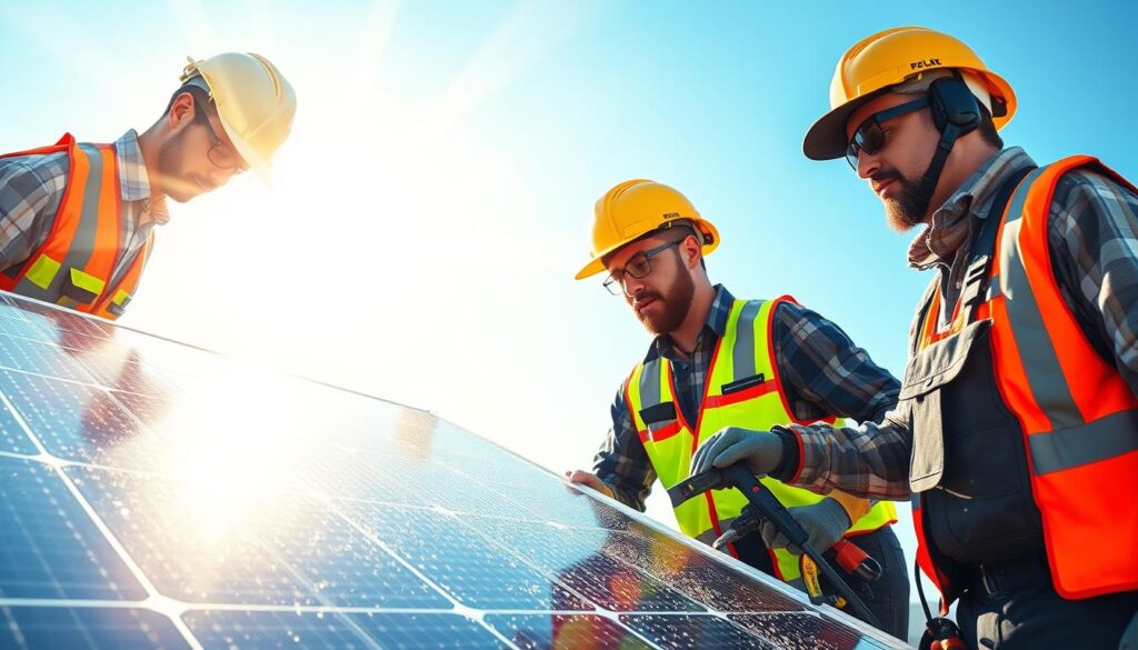 Generate an image of Island Solar Maintenance technicians inspecting and cleaning solar panels.