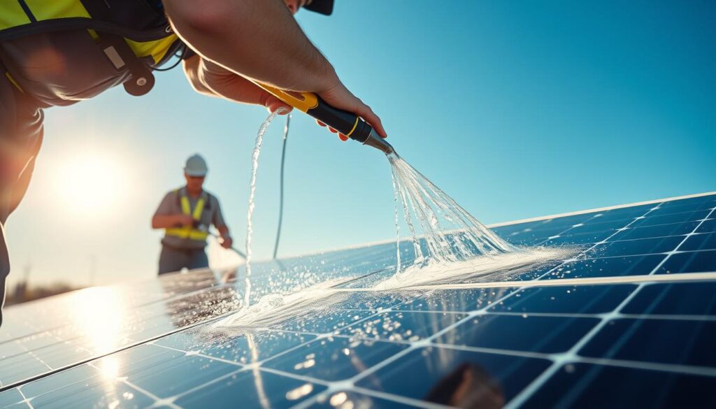 Generate an image of Kasselman Solar's technicians cleaning solar panels with purified water.