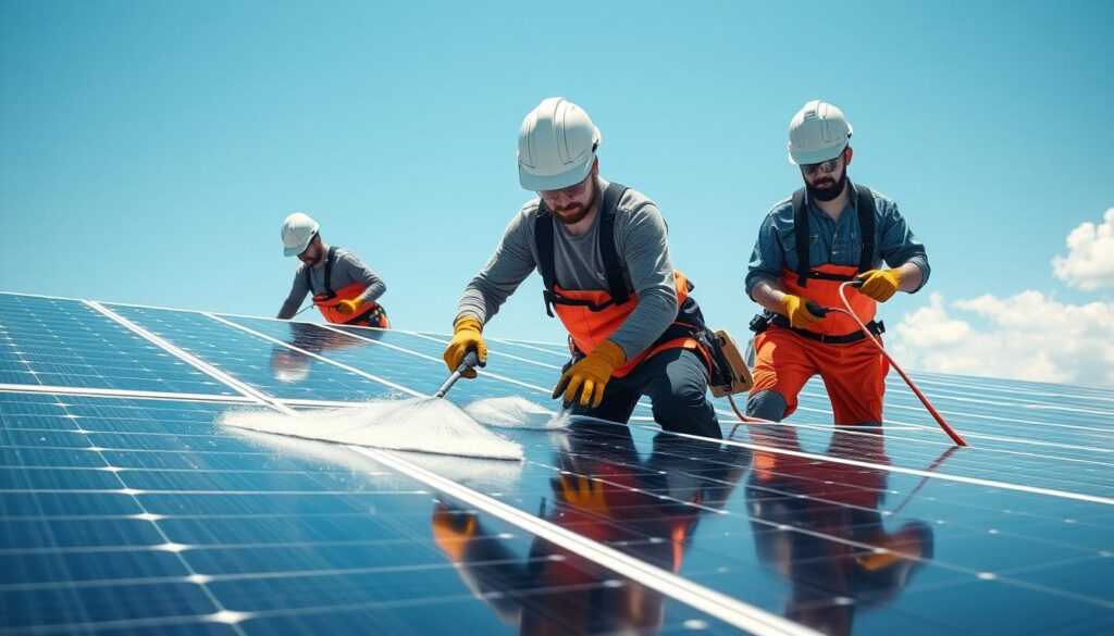 Generate an image of Local Solar Maintenance Experts' team cleaning solar panels in Clifton, NJ