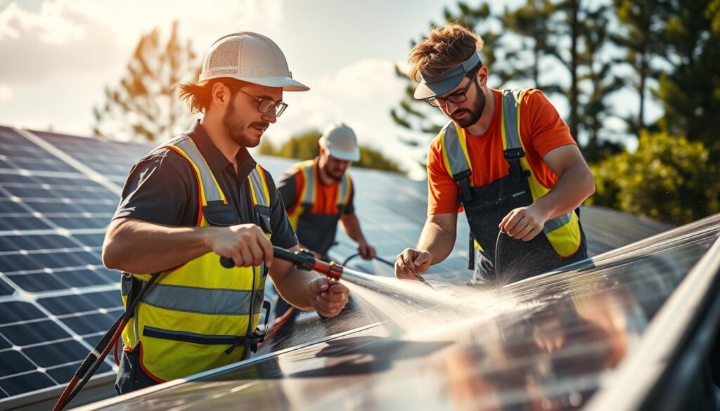 Generate an image of Lowell Pressure Washing Company's team pressure washing solar panels.