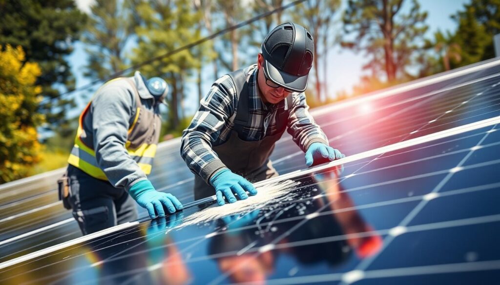 Generate an image of Massachusetts Solar Maintenance's technicians inspecting and cleaning solar panels.