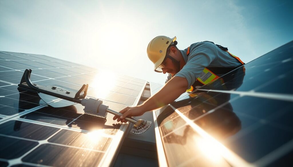 Generate an image of Mesquite Solar Maintenance Pros technicians inspecting and cleaning solar panels.