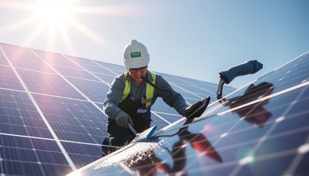 Generate an image of Mount Vernon Solar Professionals technicians cleaning solar panels with specialized equipment.
