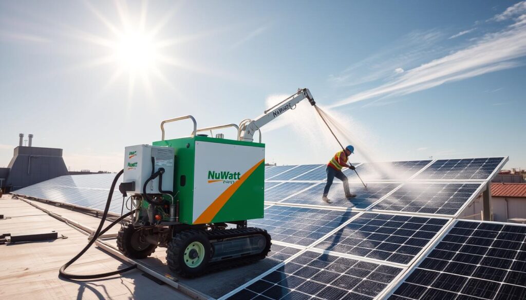Generate an image of NuWatt Energy's solar panel cleaning equipment in use.