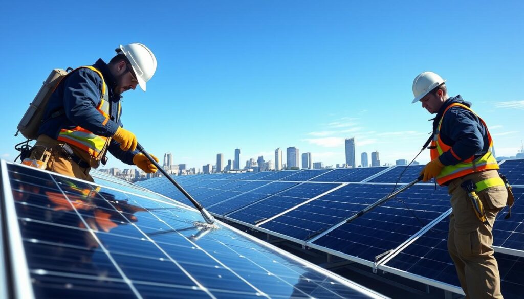Generate an image of NuWatt Energy's technicians cleaning solar panels in Lynn, MA.