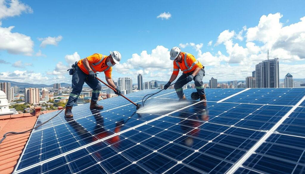 Generate an image of Oahu Solar Panel Cleaning professionals cleaning solar panels on a rooftop in Honolulu.