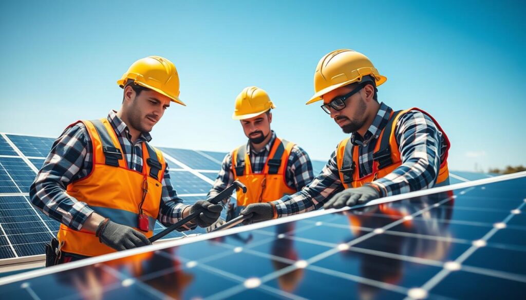 Generate an image of One Nation Solar technicians performing maintenance on solar panels.