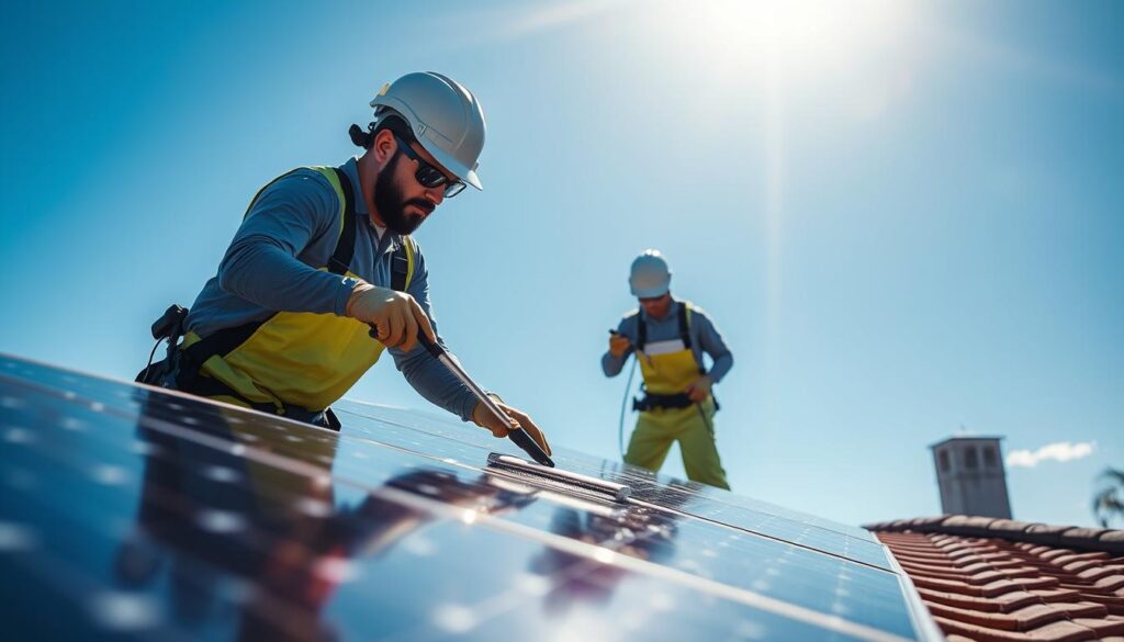 Generate an image of Palmetto Solar's technicians cleaning solar panels on a residential roof.