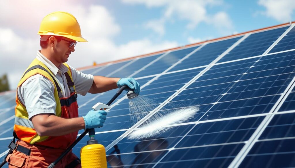 Generate an image of Palmetto Solar's technicians cleaning solar panels with eco-friendly cleaning solutions in Columbus, GA.