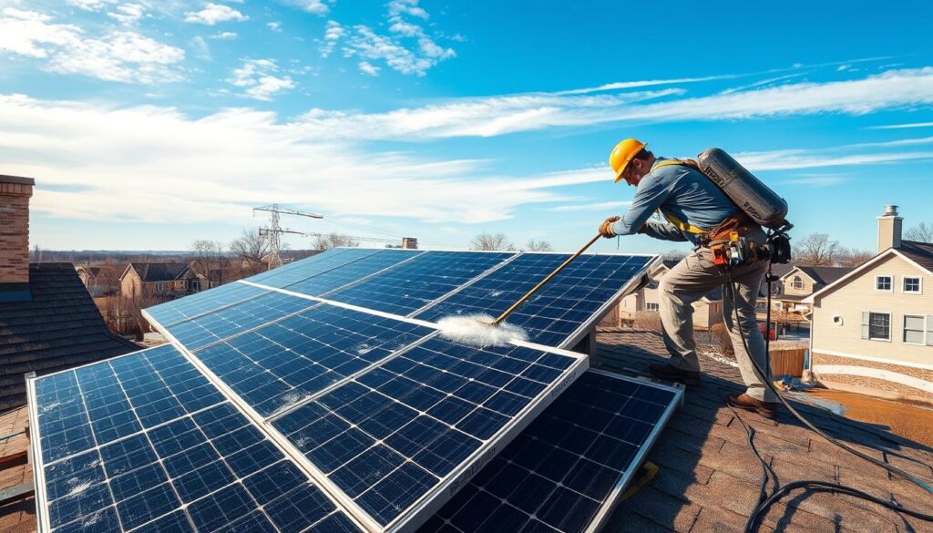 Generate an image of Phoenix Exteriors Roofing & Solar technicians cleaning solar panels on a roof in Jonesboro, AR.