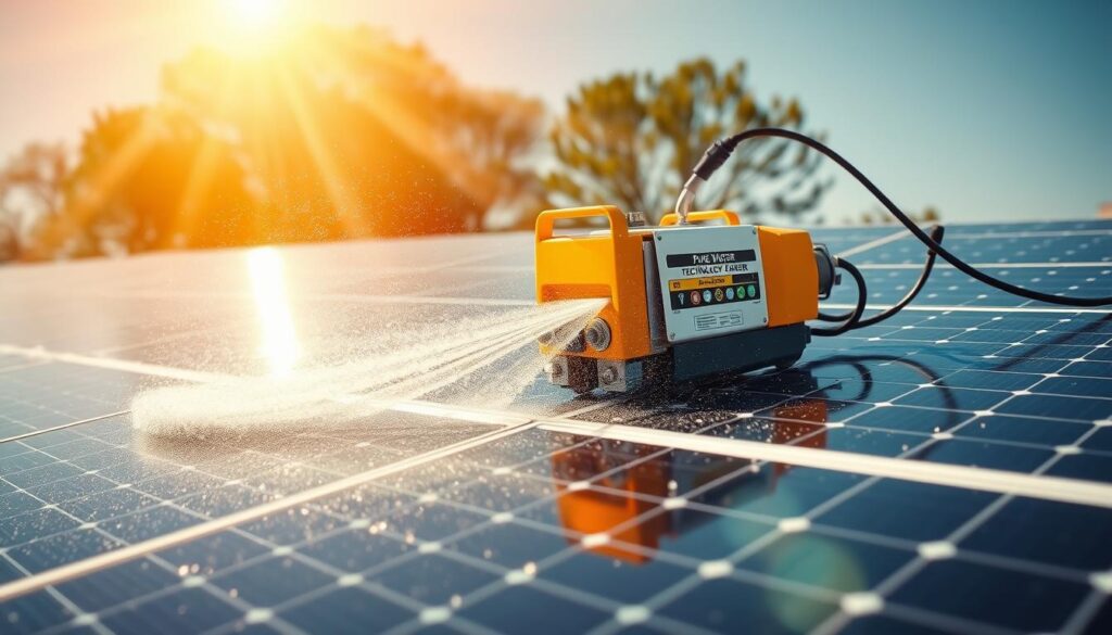 Generate an image of Pure Water Technology Cleaners' equipment in action on solar panels.