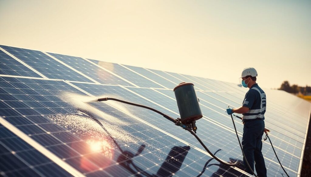 Generate an image of R&L Professional Cleaning's team using demineralized water systems to clean solar panels.