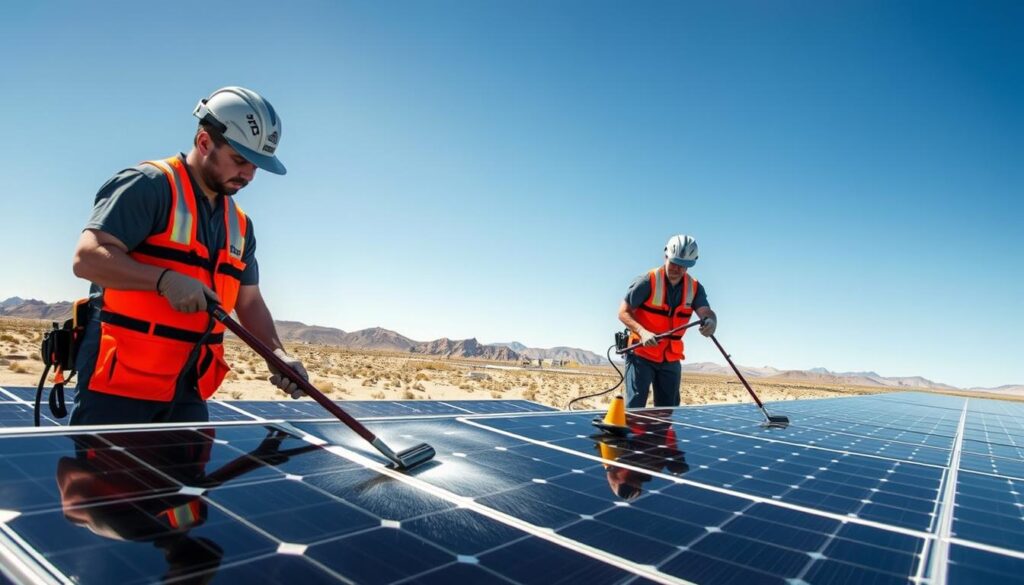 Generate an image of ReinmanPro technicians cleaning solar panels in Boulder City, NV.
