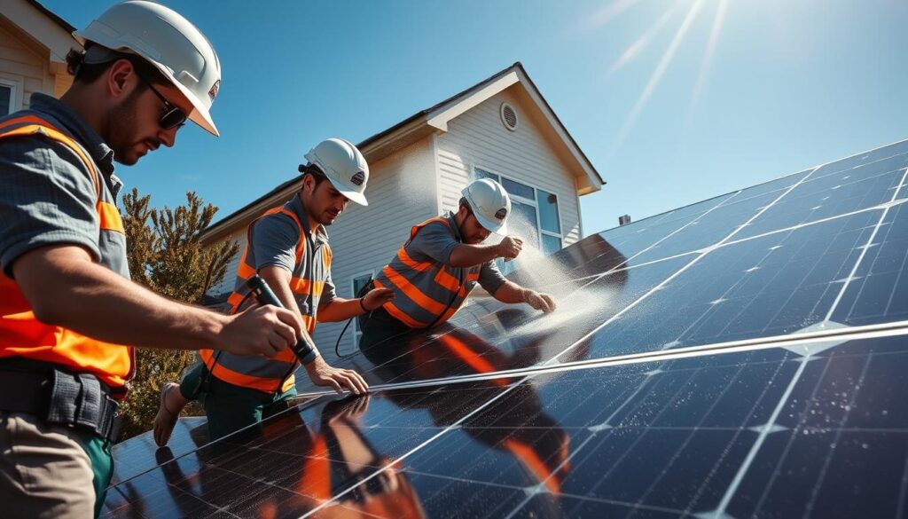 Generate an image of Revolution Solar's team performing seasonal cleaning on a residential solar panel system.