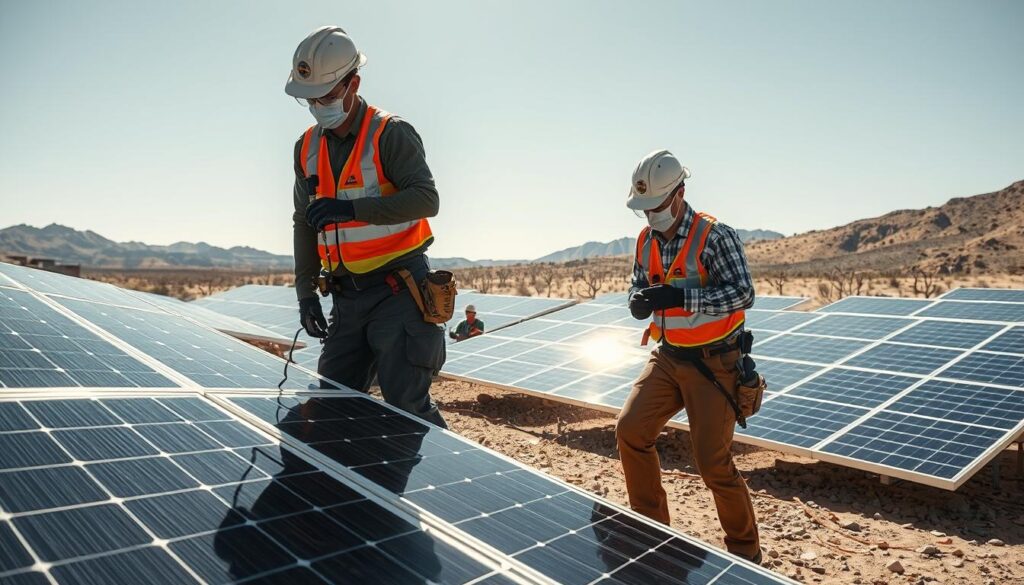 Generate an image of SOLARZING Maintenance Services technicians performing maintenance on solar panels in Mesquite, NV.