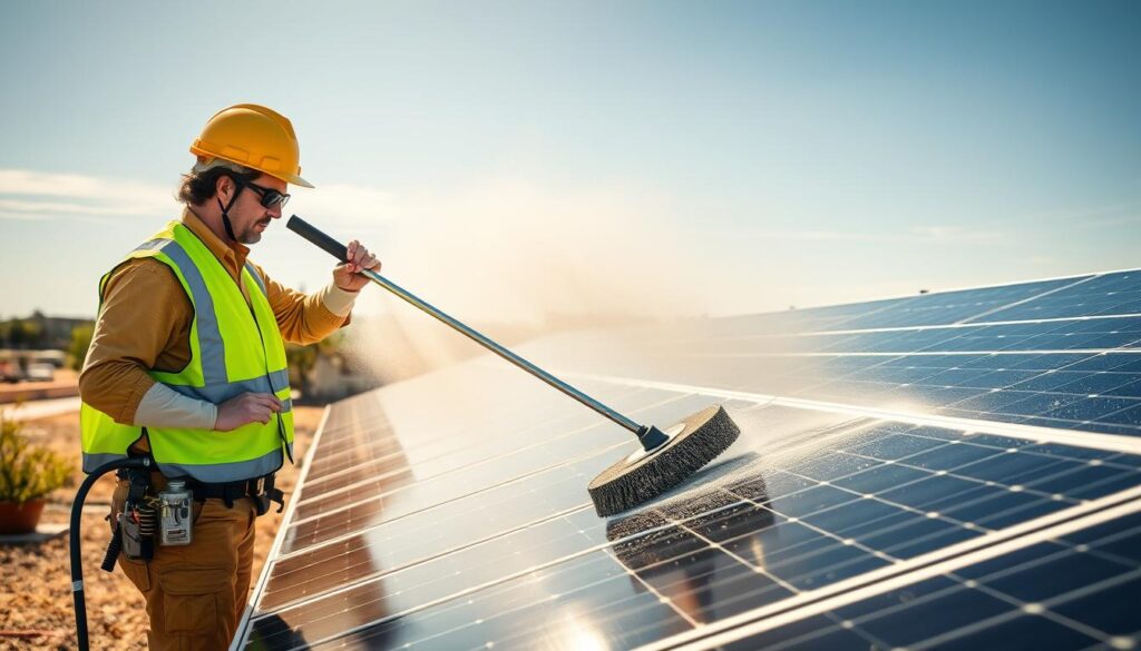 Generate an image of Sacramento Solar Solutions' team using eco-friendly equipment to clean solar panels.