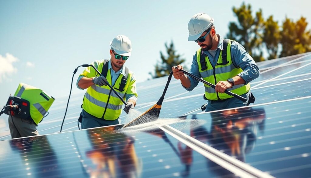 Generate an image of Slon Exterior Care technicians cleaning solar panels with eco-friendly equipment.