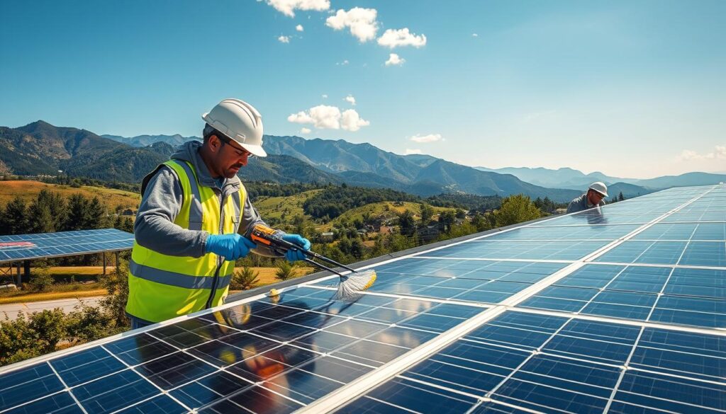 Generate an image of Solar Sparkle technicians inspecting and cleaning solar panels.