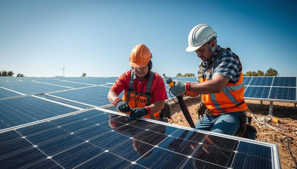 Generate an image of Solar by CIR Rochester's technicians performing maintenance on solar panels