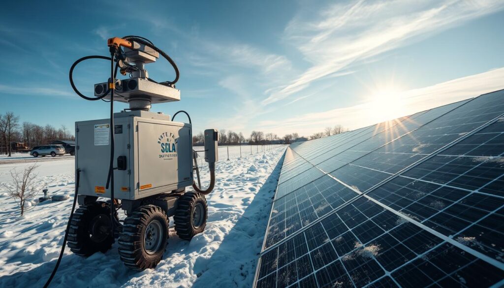 Generate an image of State Fair Solar Solutions' equipment in use on a solar panel array in a snowy Utica environment.