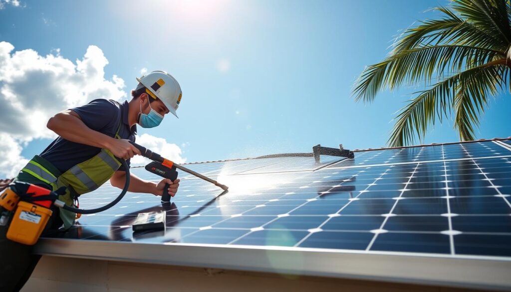 Generate an image of SunBrite Solar Cleaners' technicians using specialized equipment to clean solar panels in Hialeah.