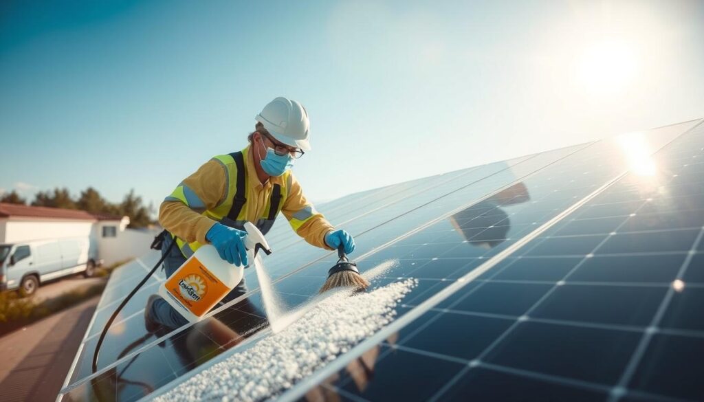 Generate an image of SunClean Solar Maintenance technicians using eco-friendly cleaning solutions on solar panels.