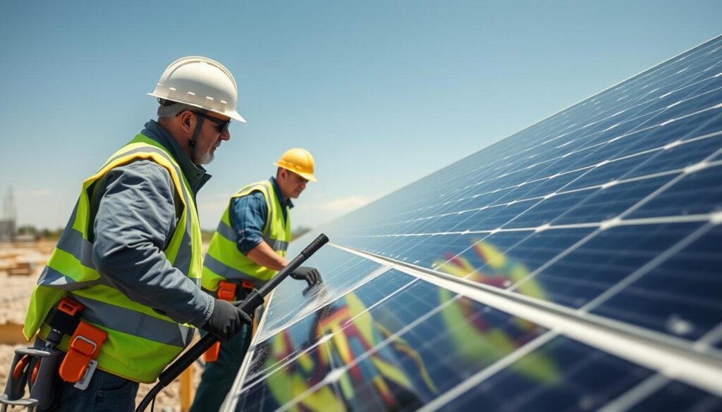 Generate an image of SunCommon's team inspecting and cleaning a commercial solar panel installation.